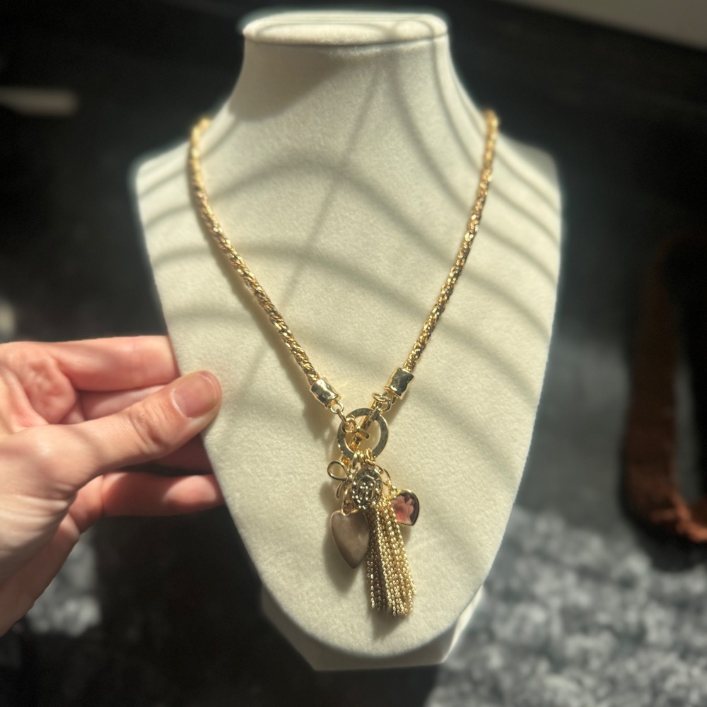 Gold Tone Rope Chain Charm Necklace Tassel‎ Heart Bow Toggle
